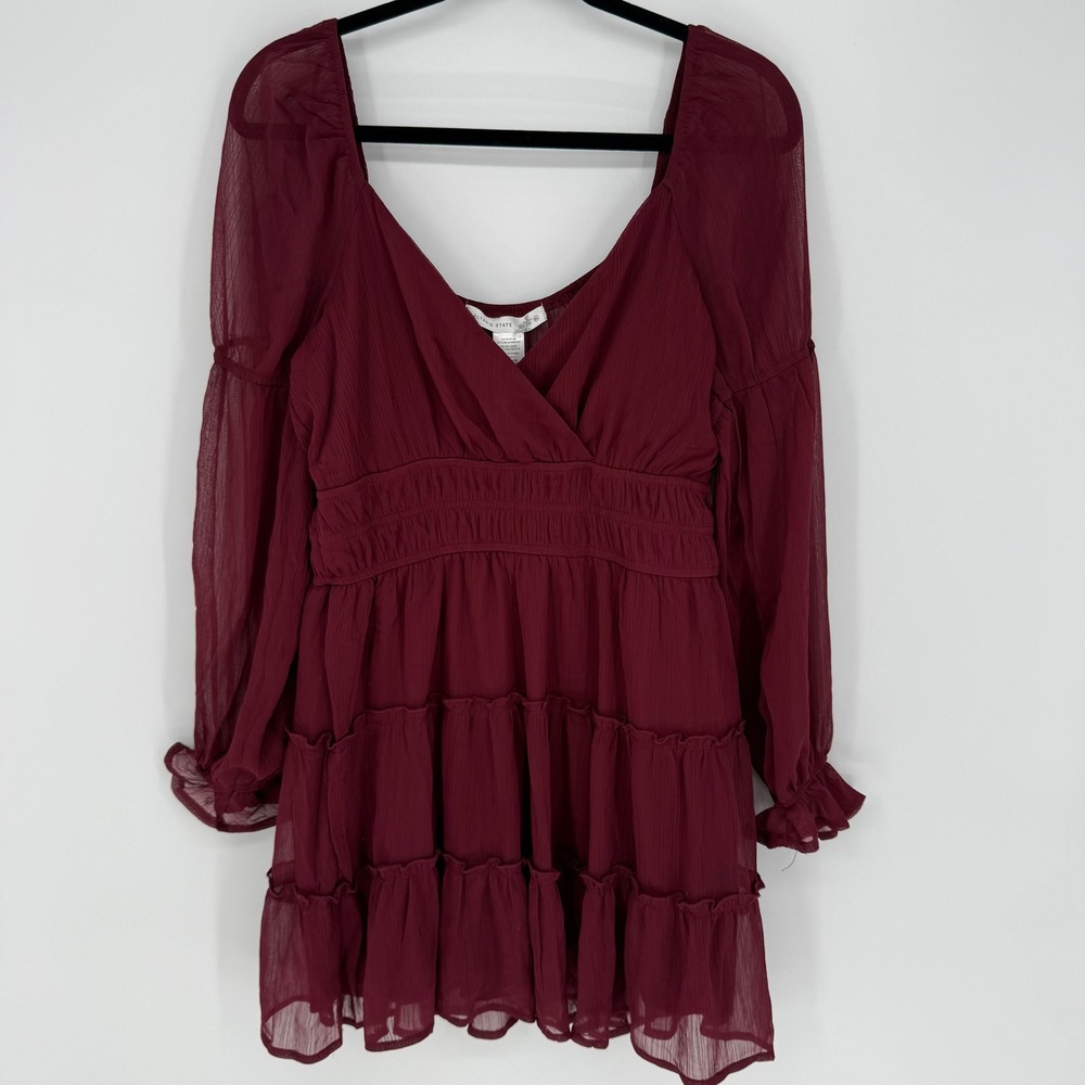 ALTAR'D STATE SHEER SLEEVE TIERED BURGUNDY MINI DRESS MERLOT RED‎ NWT XL